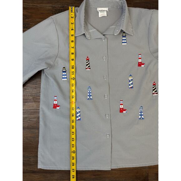BonWorth sz MEDIUM vintage embroidered lighthouse striped button up shirt - Picture 4 of 10